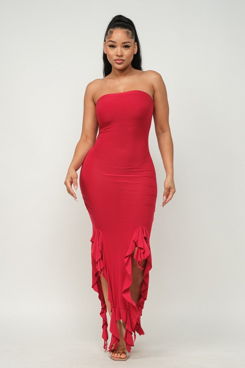 Solid Bottom Ruffle Trim Hem Slit Tube Maxi Dress ~ 3 Colors