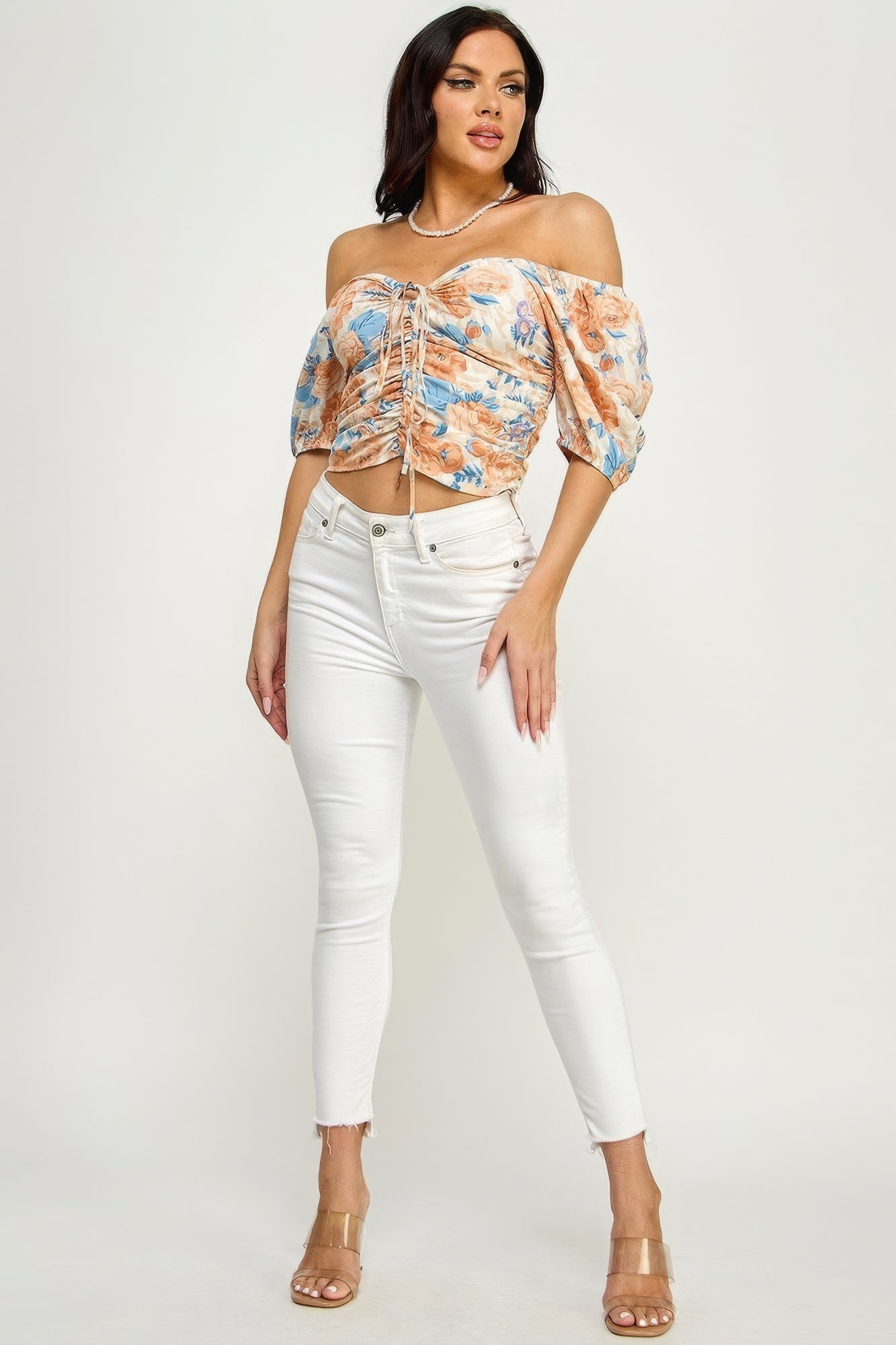 Floral Print Lace Up Ruched Crop Top ~ 2 Colors