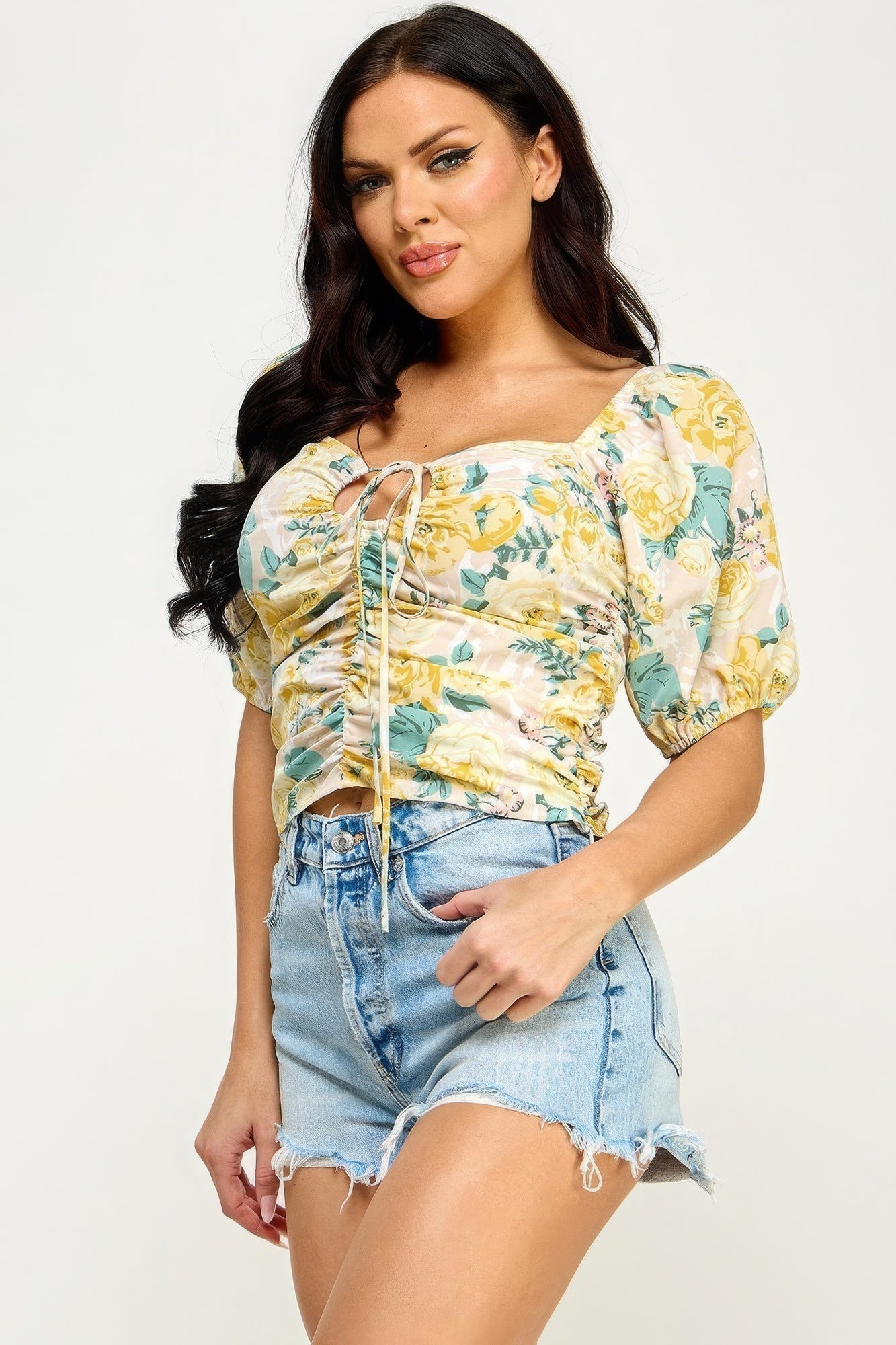 Floral Print Lace Up Ruched Crop Top ~ 2 Colors