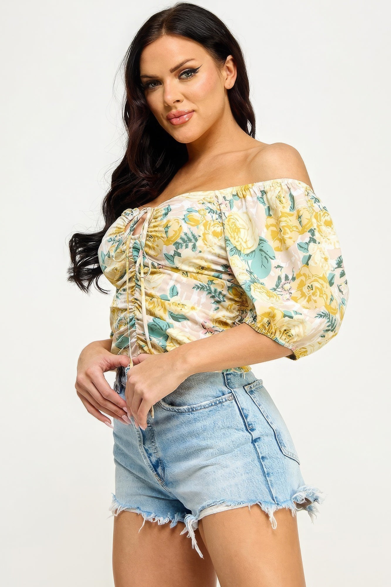 Floral Print Lace Up Ruched Crop Top ~ 2 Colors