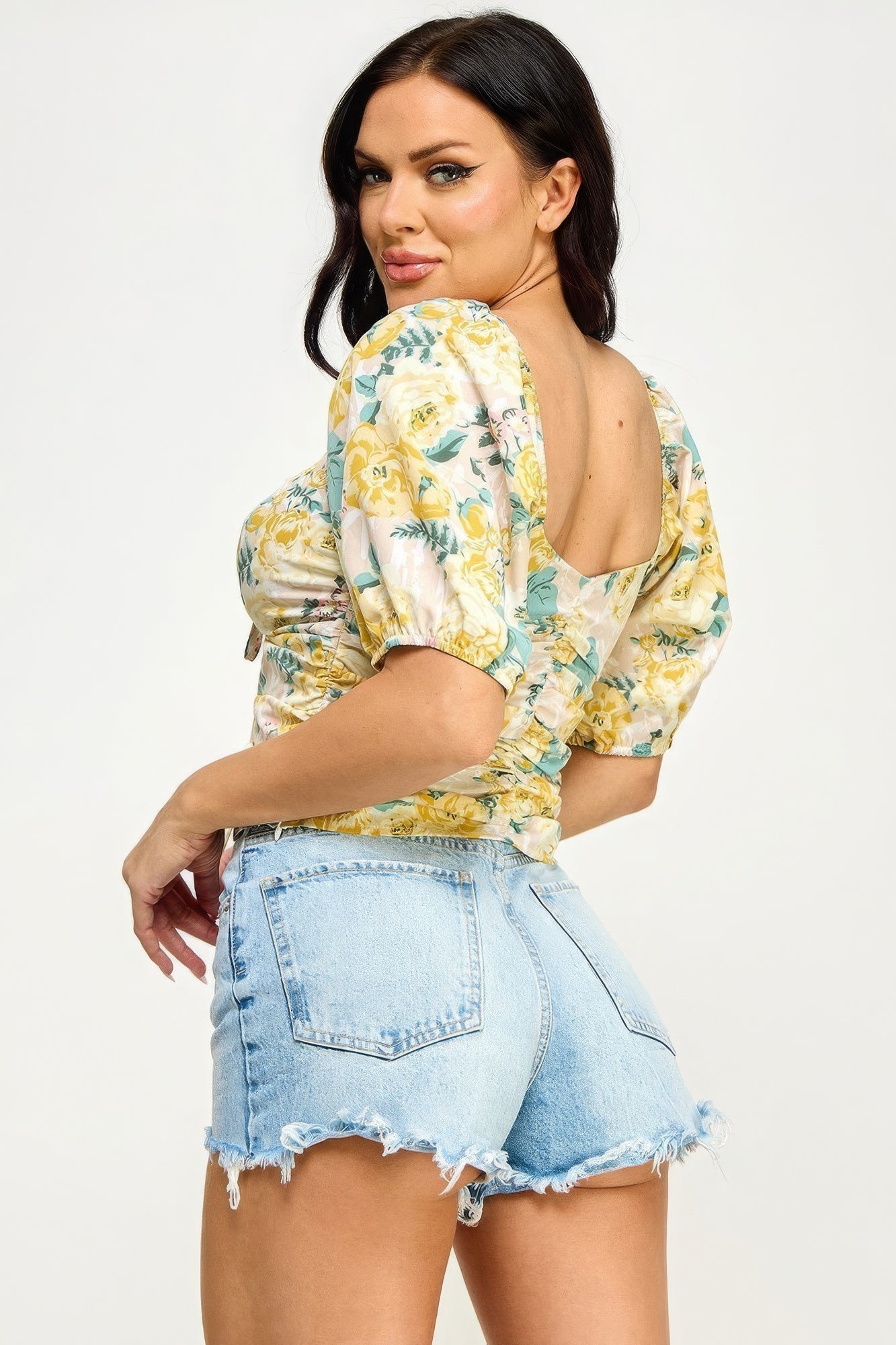 Floral Print Lace Up Ruched Crop Top ~ 2 Colors