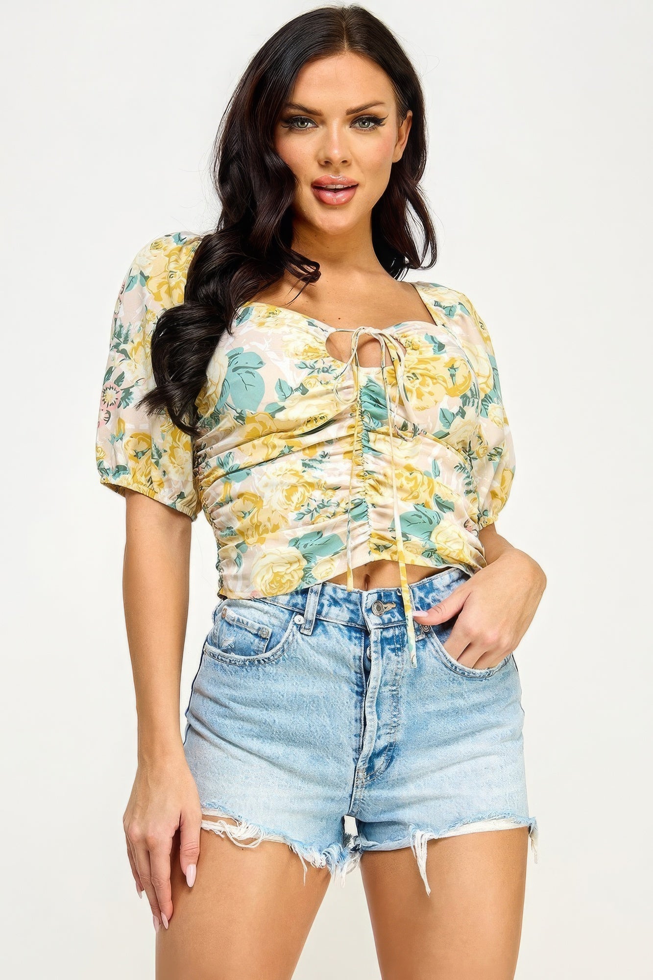 Floral Print Lace Up Ruched Crop Top ~ 2 Colors