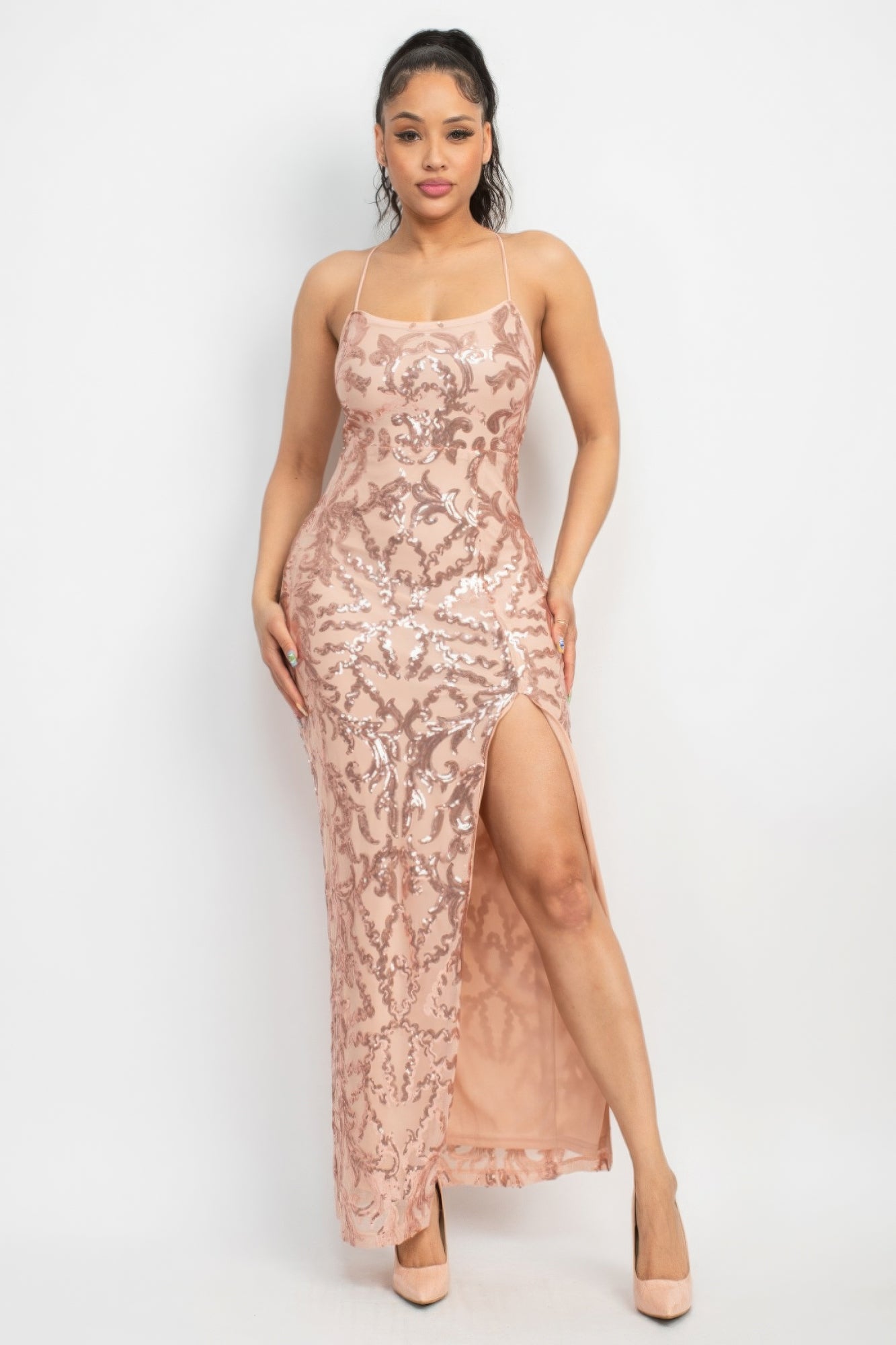 Sequin Back-crisscross Tie Slit Dress ~ 2 Colors