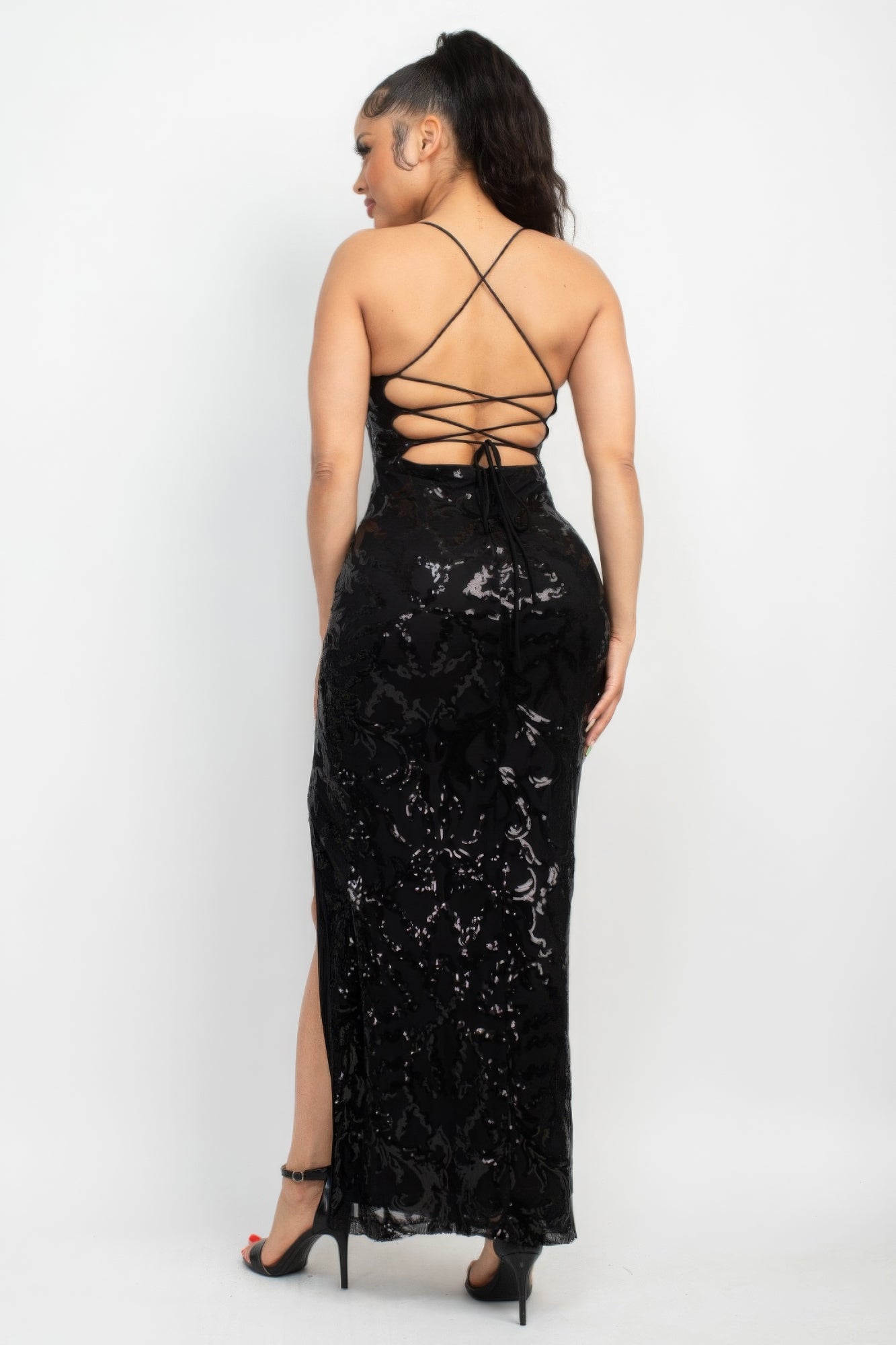 Sequin Back-crisscross Tie Slit Dress ~ 2 Colors