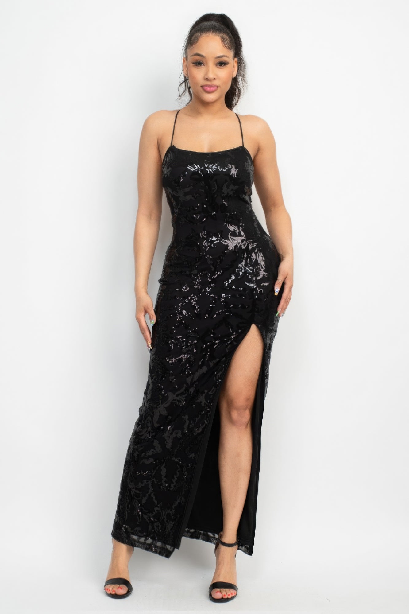 Sequin Back-crisscross Tie Slit Dress ~ 2 Colors