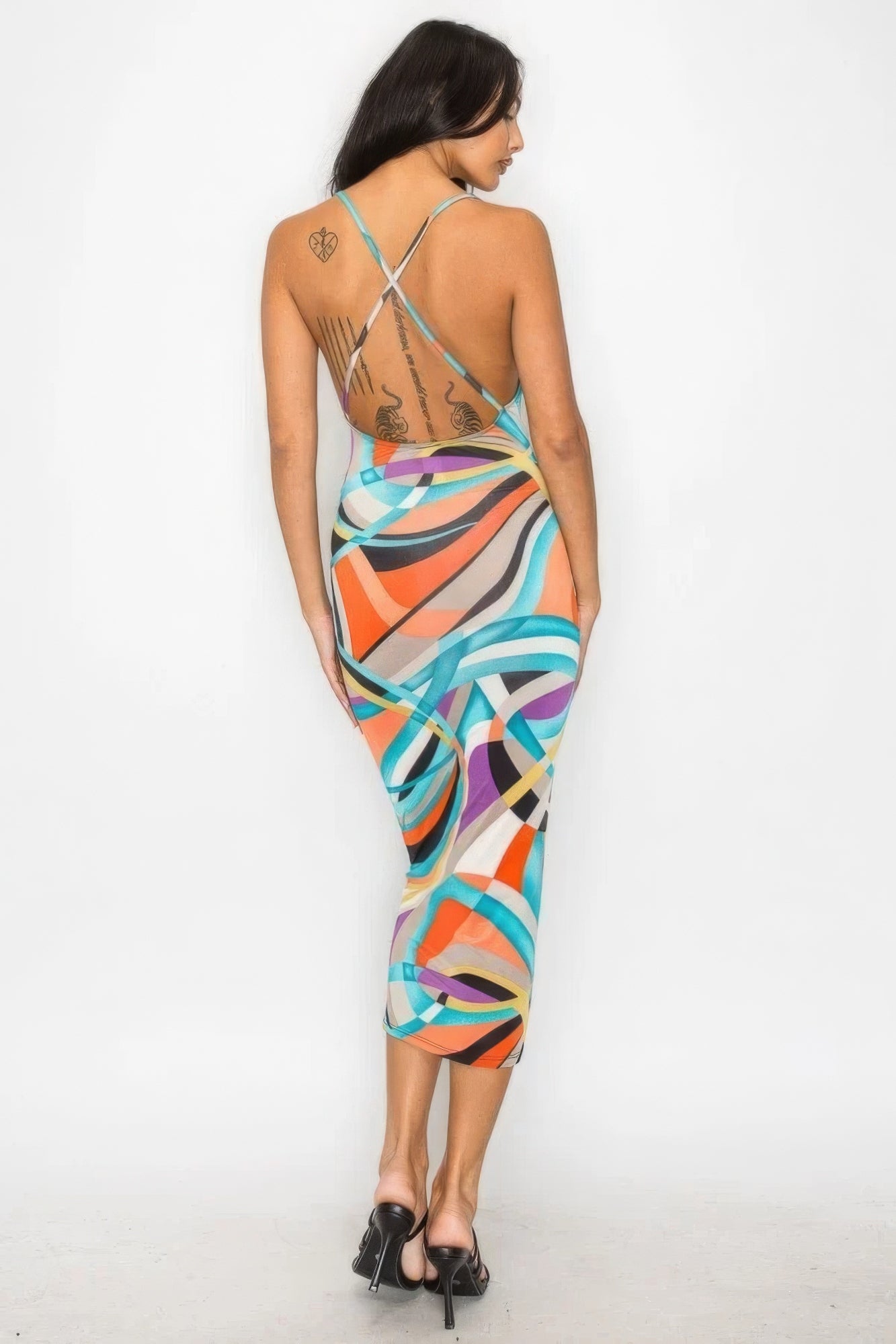 Crossed Back Marble Print Multicolor Midi Dress ~ 4 Colors