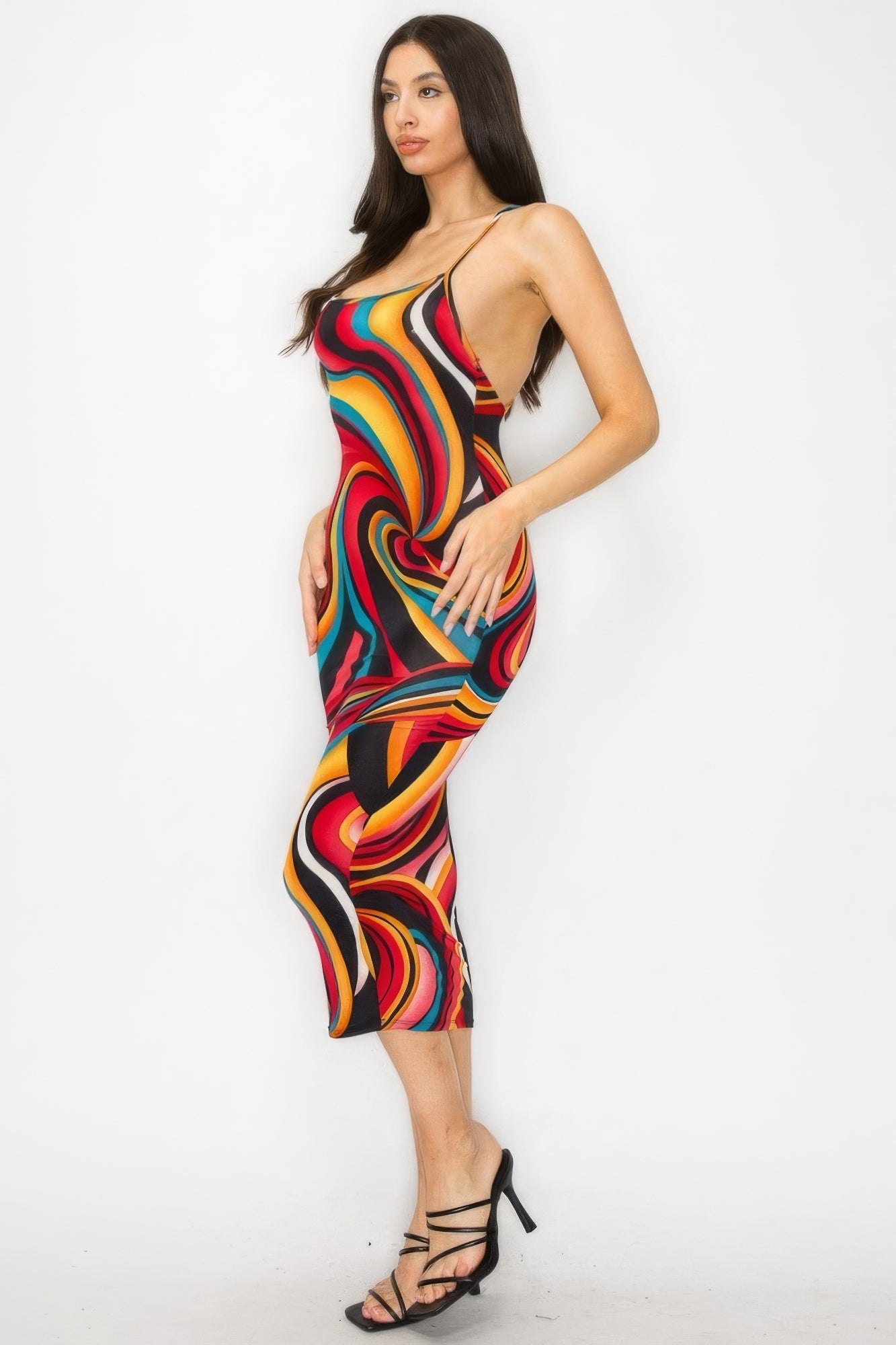 Crossed Back Marble Print Multicolor Midi Dress ~ 4 Colors