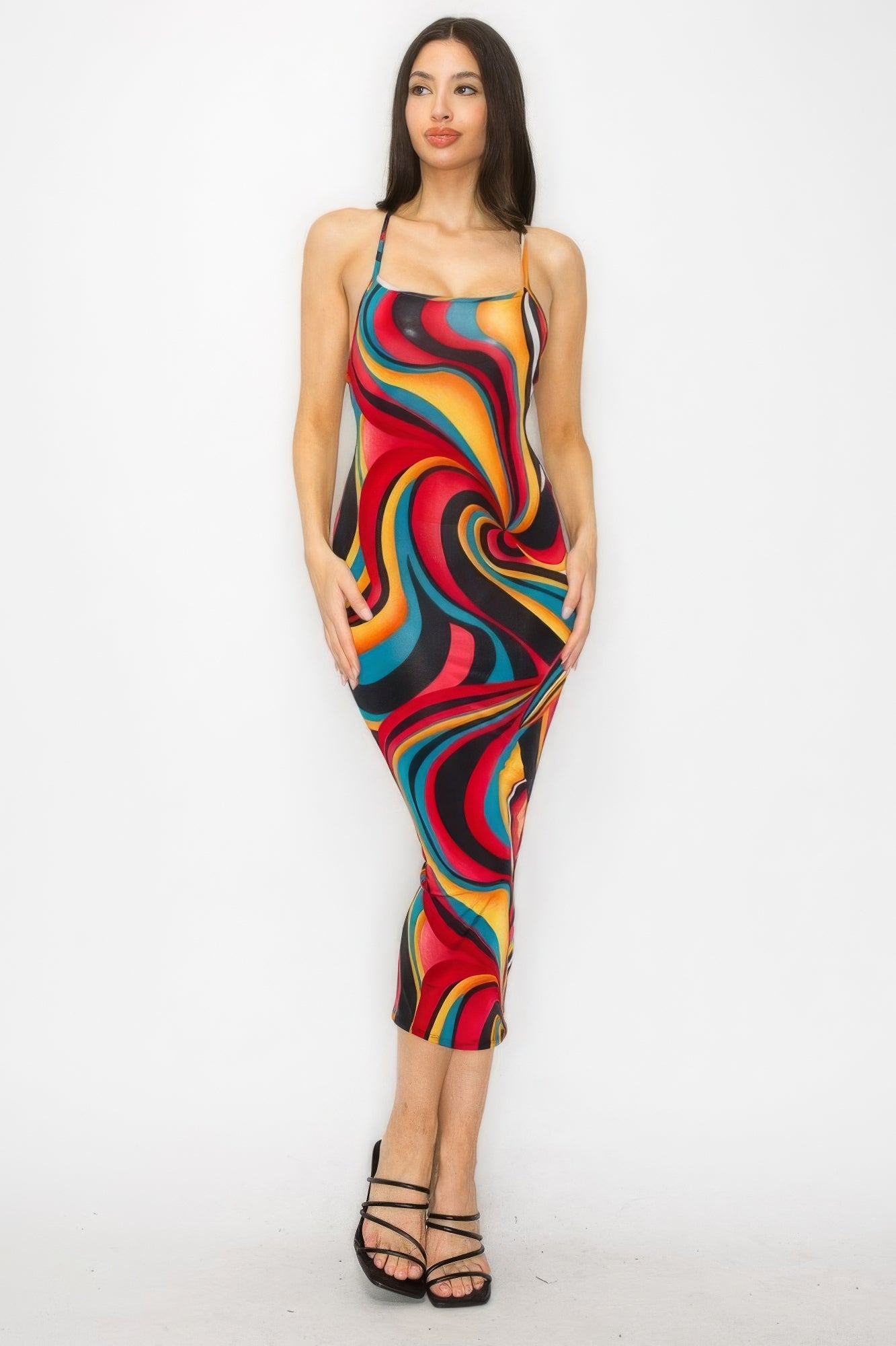 Crossed Back Marble Print Multicolor Midi Dress ~ 4 Colors